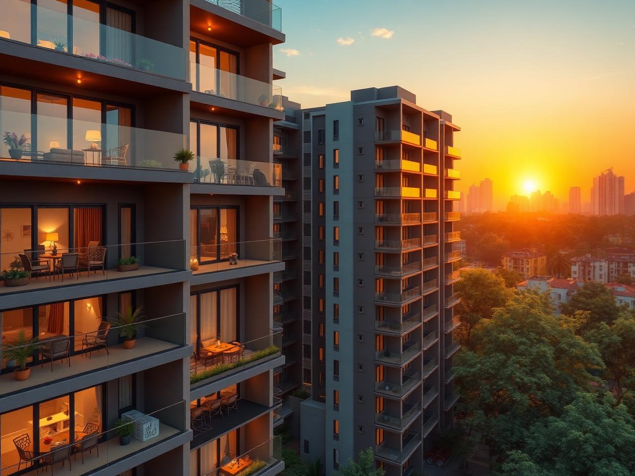 Modern Indian apartment complex at sunset representing premium residential property